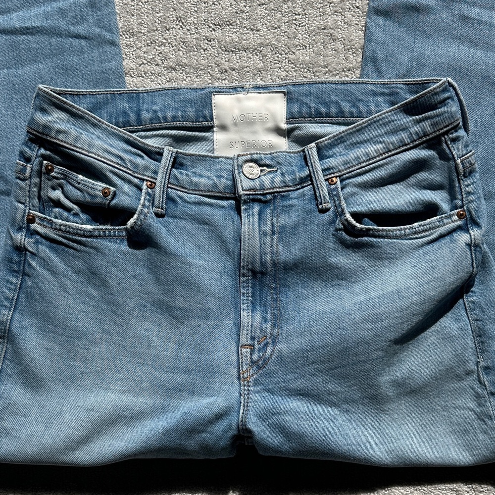 MOTHER Light Blue Straight Leg Jeans with Distressed Knees - Picture 3 of 7